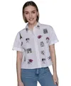 Karl Lagerfeld Petite Cotton Embroidered Short-sleeve Shirt In White