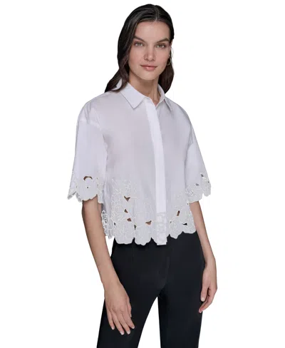 Karl Lagerfeld Women's Cotton Floral-embroidered Camp Shirt In White