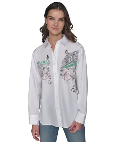 Karl Lagerfeld Women's Cotton Paris Scene Embellished Button-front Top In White