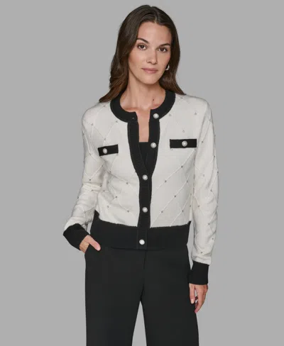 Karl Lagerfeld Women's Crew Neck Front-button Cardigan Sweater In Multi