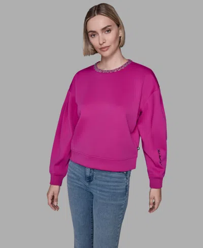Karl Lagerfeld Women's Crewneck Crystal Neck Top In Purple