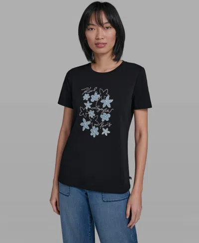 Karl Lagerfeld Women's Crewneck Denim Flower T-shirt In Black