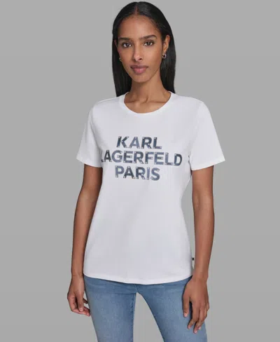 Karl Lagerfeld Women's Crewneck Denim Logo T-shirt In White