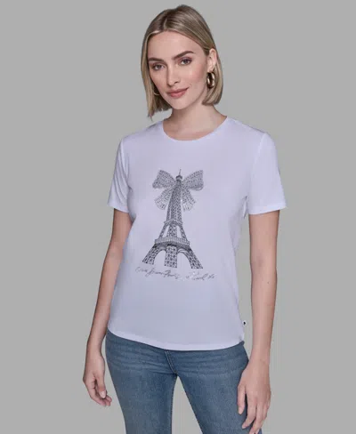 KARL LAGERFELD WOMEN'S CREWNECK EMBELLISHED BOW EIFFEL TOWER T-SHIRT