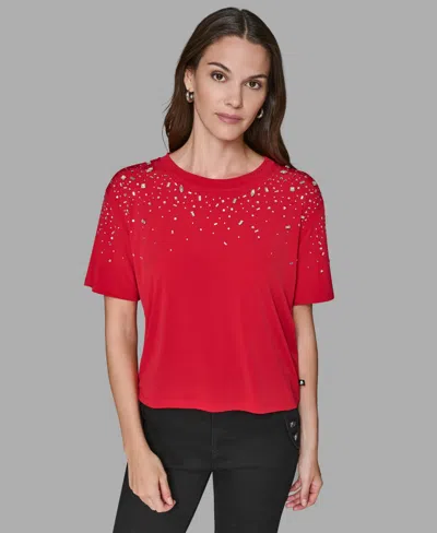 Karl Lagerfeld Women's Crewneck Embellished Top In Red