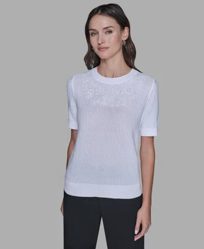 Karl Lagerfeld Women's Crewneck Floral Trimmed Sweater In White