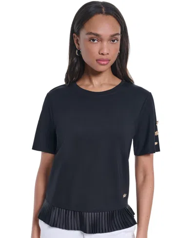 Karl Lagerfeld Women's Crewneck Short-sleeve Pleated-hem Blouse In Blue