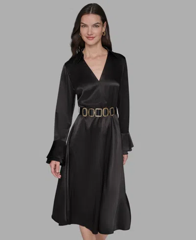 Karl Lagerfeld Women's Crinkle Long Sleeves Midi Dress In Black