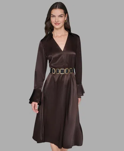 Karl Lagerfeld Women's Crinkle Long Sleeves Midi Dress In Brown