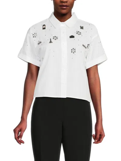 Karl Lagerfeld Women's Crop Poplin Embellished Shirt In White