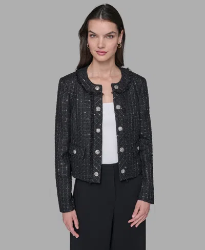 Karl Lagerfeld Women's Cropped Collarless Tweed Jacket In Black