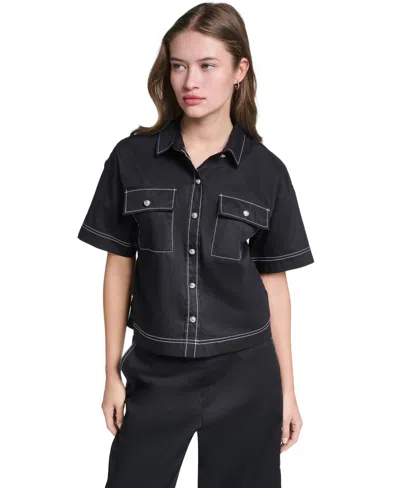 Karl Lagerfeld Women's Cropped Poplin Button-front Blouse In Black