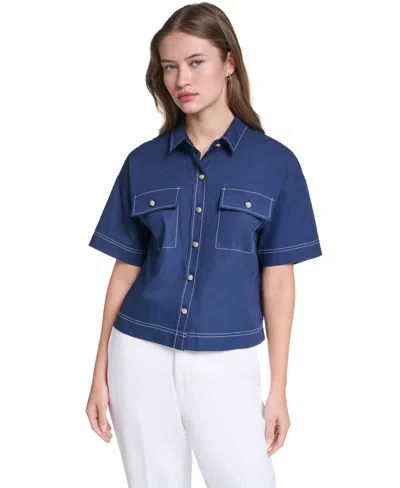 Karl Lagerfeld Women's Cropped Poplin Button-front Blouse In Naval Academy