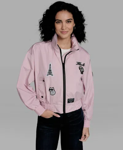Karl Lagerfeld Women's Cropped Stand Collar Bomber Jacket In Pink