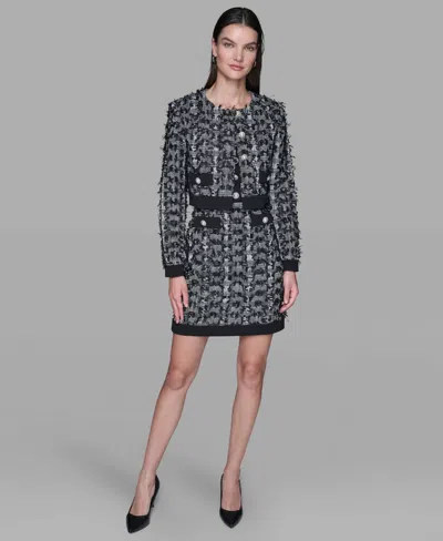 Karl Lagerfeld Women's Cropped Tweed Button Front With Jacket In Black
