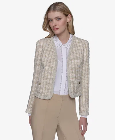 Karl Lagerfeld Women's Cropped Tweed Open-front Jacket In Buff Metallic
