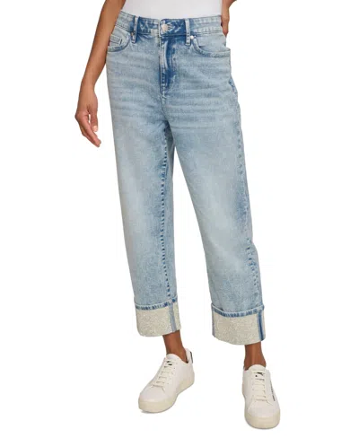 Karl Lagerfeld Women's Crystal Cuff Straight-leg Jeans In Ice Blue