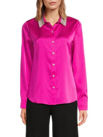 Karl Lagerfeld Women's Crystal-embellished Collar Satin Shirt In Pink
