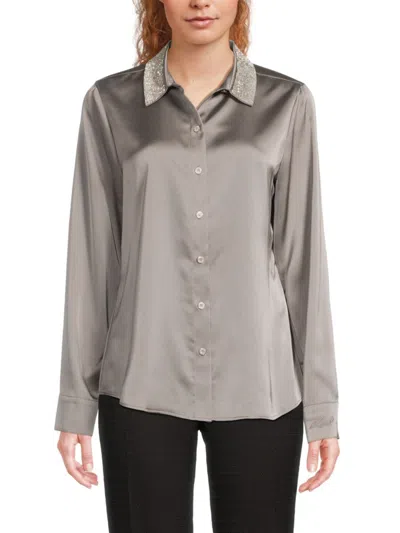 Karl Lagerfeld Women's Crystal-embellished Collar Satin Shirt In Gray