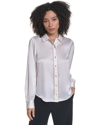 Karl Lagerfeld Women's Crystal Placket Long-sleeve Blouse In White