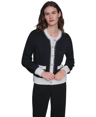 Karl Lagerfeld Women's Crystal-trim Colorblock Cardigan Sweater In Black