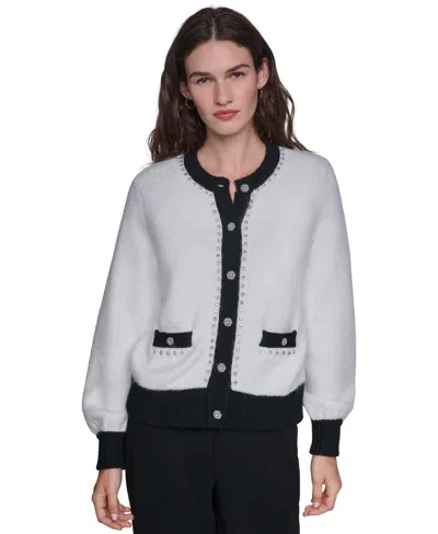 Karl Lagerfeld Women's Crystal-trim Colorblock Cardigan Sweater In White