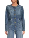 Karl Lagerfeld Petite Crewneck Button-front Denim Jacket In Blue