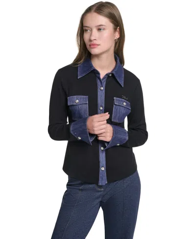 Karl Lagerfeld Women's Denim Collar And Cuffs Knit Button-up Sweater In Black