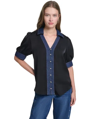 Karl Lagerfeld Women's Denim Collar Button-front Blouse In Black