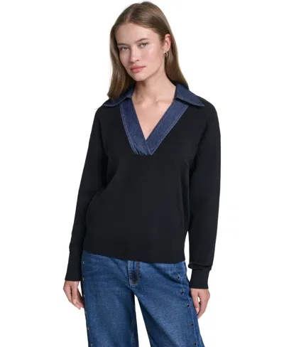 Karl Lagerfeld Women's Denim Collar V-neck Sweater In Black
