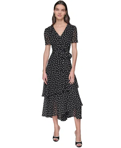 Karl Lagerfeld Women's Dot-print Ruffle Midi Dress In Black  White