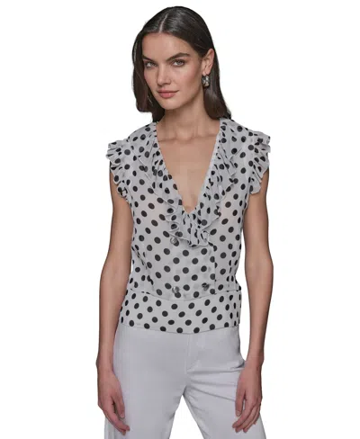 Karl Lagerfeld Women's Dot-print Ruffled Top In Soft White