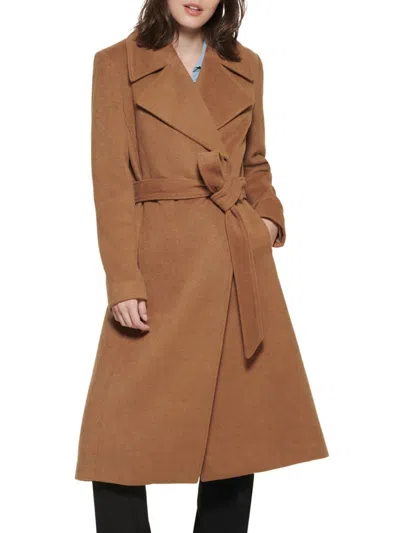 Karl Lagerfeld Women's Double Breasted Wool Blend Wrap Coat In Camel