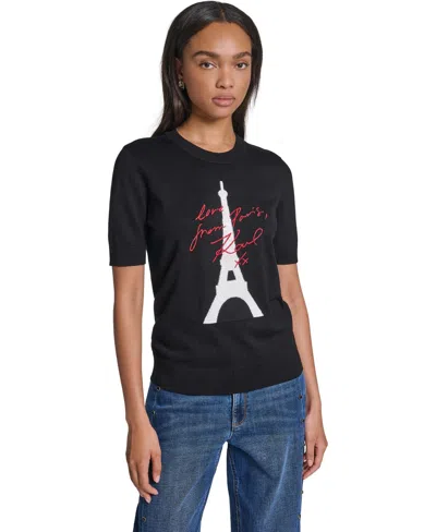 Karl Lagerfeld Women's Eiffel Tower Crewneck Short-sleeve Sweater In Black