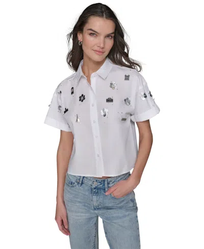 Karl Lagerfeld Women's Embellished Cropped Button-down Shirt In White