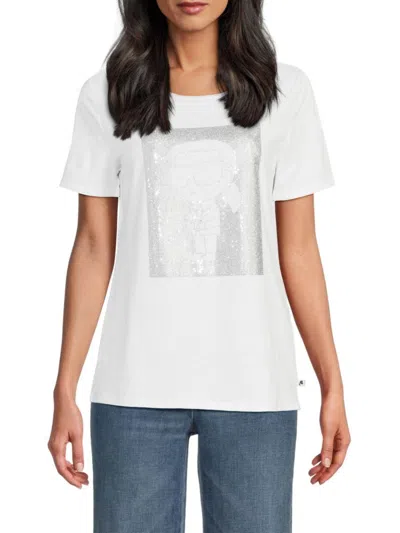 Karl Lagerfeld Women's Embellished Graphic Stretch Cotton T-shirt In White