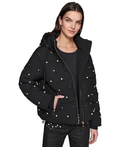 Karl Lagerfeld Womens Embellished Polyester Puffer Jacket In Black