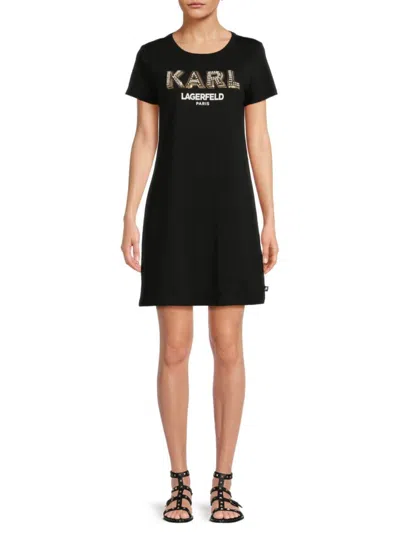 Karl Lagerfeld Women's Embellished Logo T-shirt Dress In Black Gold