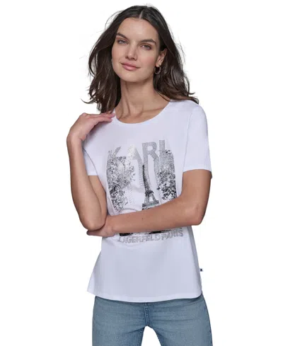 Karl Lagerfeld Women's Embellished Paris Scene Graphic T-shirt In White  Silver