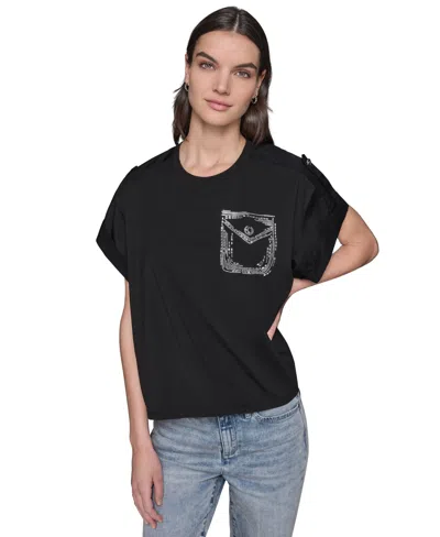 Karl Lagerfeld Women's Embellished-pocket Tee In Black