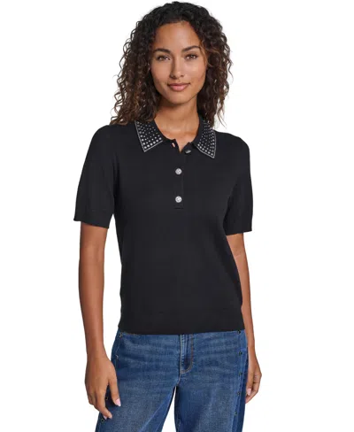 Karl Lagerfeld Women's Embellished Short-sleeve Polo Shirt In Black