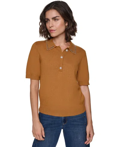 Karl Lagerfeld Women's Embellished Short-sleeve Polo Shirt In Brown