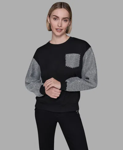Karl Lagerfeld Women's Embellished Sleeve Sweatshirt In Black