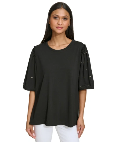 Karl Lagerfeld Women's Embellished-sleeve T-shirt In Black