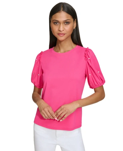 Karl Lagerfeld Women's Embellished-sleeve T-shirt In Fuschia