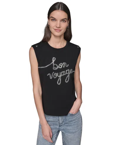 Karl Lagerfeld Women's Embellished Sleeveless Button-shoulder Tee In Black