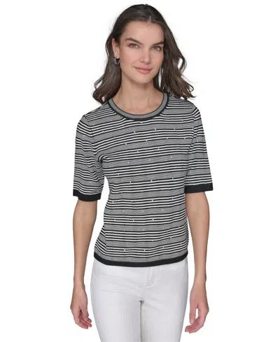 Karl Lagerfeld Women's Embellished Stripe Short-sleeve Sweater In Black  White