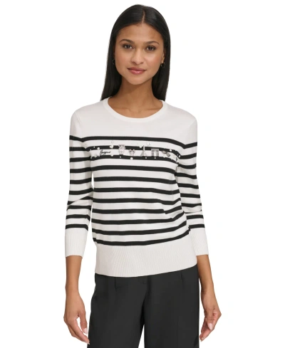Karl Lagerfeld Women's Embellished Striped 3/4-sleeve Sweater In Soft White  Black
