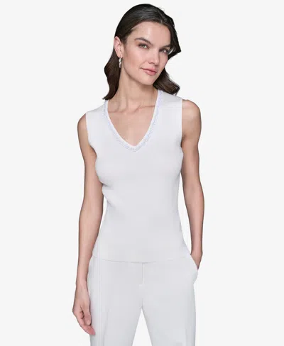 Karl Lagerfeld Women's Embellished V-neck Ribbed Knit Sleeveless Top