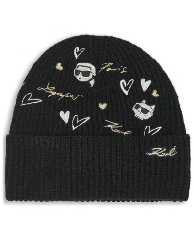 Karl Lagerfeld Women's Embroidered Beanie In Black
